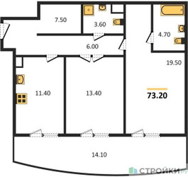 Планировка двухкомнатной(квартира) площадью 73.2 квадратных метров в ЖК “ЖК Sydney City (Сидней Сити)”