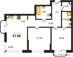 Планировка двухкомнатной(квартира) площадью 57.7 квадратных метров в “ЖК АЛИА”