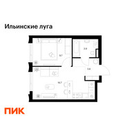 Планировка однокомнатной(квартира) площадью 33.9 квадратных метров в “ЖК Ильинские луга”