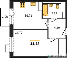 Планировка однокомнатной(квартира) площадью 34.48 квадратных метров в “ЖК Новое Внуково”