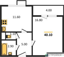 Планировка однокомнатной(квартира) площадью 40.1 квадратных метров в “ЖК Первый Лермонтовский”