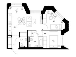 Планировка двухкомнатной(квартира) площадью 52.3 квадратных метров в “ЖК Саларьево парк”