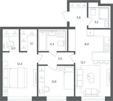 Планировка трехкомнатной(квартира) площадью 62.6 квадратных метров в “ЖК Равновесие”
