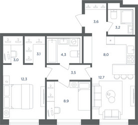 Планировка трехкомнатной(квартира) площадью 62.6 квадратных метров в ЖК “ЖК Равновесие”