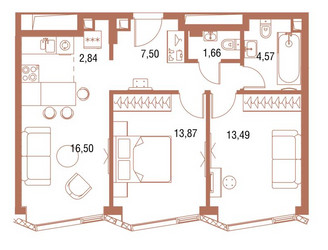 Планировка двухкомнатной(квартира) площадью 60.7 квадратных метров в ЖК “ЖК Симфония 34”