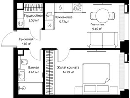 Планировка однокомнатной(квартира) площадью 38.95 квадратных метров в “ЖК Веер”