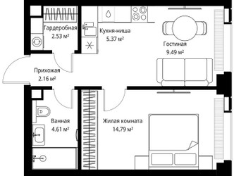 Планировка однокомнатной(квартира) площадью 38.95 квадратных метров в ЖК “ЖК Веер”