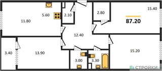 Планировка трехкомнатной(квартира) площадью 87.2 квадратных метров в “Жилой квартал Новое Медведково”
