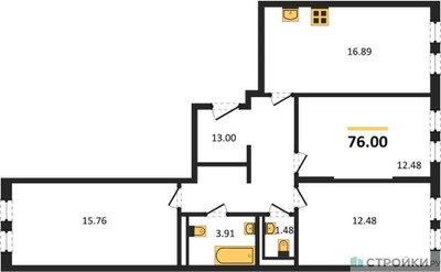 Планировка трехкомнатной(квартира) площадью 76 квадратных метров в ЖК “ЖК Остафьево”