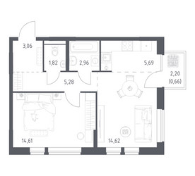 Планировка однокомнатной(квартира) площадью 48.7 квадратных метров в ЖК “ЖК Квартал Авиаторов”