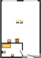 Планировка однокомнатной(апартаменты) площадью 44.3 квадратных метров в “ЖК Nametkin Tower (Наметкин Тауэр)”