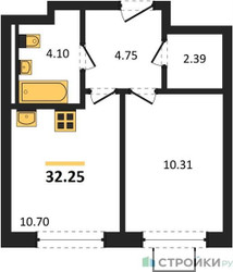 Планировка однокомнатной(квартира) площадью 32.25 квадратных метров в ЖК “ЖК Квартал Западный”