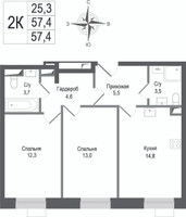 Планировка двухкомнатной(квартира) площадью 57.4 квадратных метров в “ЖК КИНОКВАРТАЛ”