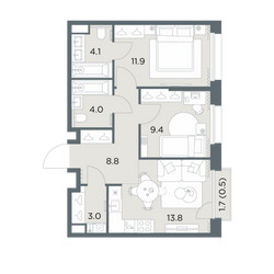 Планировка двухкомнатной(квартира) площадью 55.5 квадратных метров в ЖК “ЖК Станиславский”