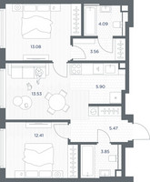 Планировка двухкомнатной(квартира) площадью 61.89 квадратных метров в “ЖК TATE (Тэйт)”
