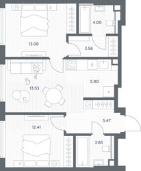 Планировка двухкомнатной(квартира) площадью 61.89 квадратных метров в ЖК “ЖК TATE (Тэйт)”