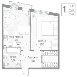 Планировка однокомнатной(квартира) площадью 49 квадратных метров в ЖК “ЖК Эльйон”