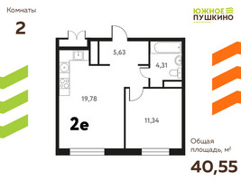 Планировка двухкомнатной(квартира) площадью 40.55 квадратных метров в “ЖК Южное Пушкино”