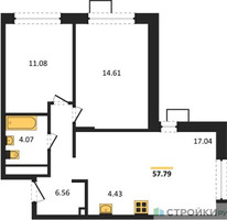 Планировка двухкомнатной(квартира) площадью 57.79 квадратных метров в “ЖК Новоград Павлино”