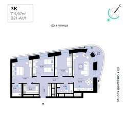 Планировка трехкомнатной(квартира) площадью 114.7 квадратных метров в ЖК “СберСити в Рублево-Архангельском”