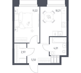 Планировка однокомнатной(апартаменты) площадью 33.91 квадратных метров в ЖК “ЖК Апарт-отель Тропарево парк”