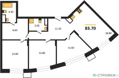 Планировка трехкомнатной(квартира) площадью 83.7 квадратных метров в ЖК “ЖК Резиденции Сколково”