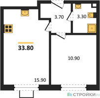 Планировка однокомнатной(квартира) площадью 33.8 квадратных метров в “ЖК Лучи-2”