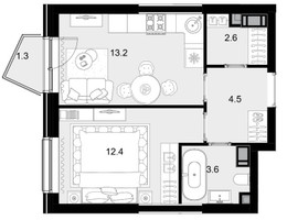 Планировка однокомнатной(квартира) площадью 39.2 квадратных метров в “ЖК Crystal Трилогия (Кристал)”