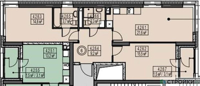 Планировка двухкомнатной(квартира) площадью 69.6 квадратных метров в ЖК “ЖК Sky Garden (Скай Гарден)”
