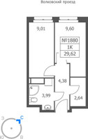 Планировка однокомнатной(апартаменты) площадью 29.62 квадратных метров в “ЖК Волковская 67”