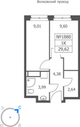 Планировка однокомнатной(апартаменты) площадью 29.62 квадратных метров в ЖК “ЖК Волковская 67”