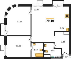 Планировка двухкомнатной(квартира) площадью 79.1 квадратных метров в ЖК “ЖК UNO Соколиная гора”
