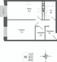 Планировка однокомнатной(квартира) площадью 42.5 квадратных метров в “ЖК КИНОКВАРТАЛ”