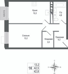 Планировка однокомнатной(квартира) площадью 42.5 квадратных метров в ЖК “ЖК КИНОКВАРТАЛ”