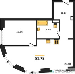 Планировка однокомнатной(квартира) площадью 51.75 квадратных метров в ЖК “ЖК Гранд Фили”