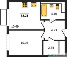 Планировка однокомнатной(квартира) площадью 32.21 квадратных метров в “ЖК Пригород Лесное”