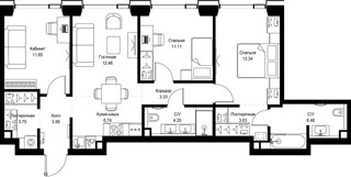 Планировка трехкомнатной(квартира) площадью 80.25 квадратных метров в “ЖК СЕТ”