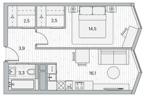 Планировка однокомнатной(квартира) площадью 43.4 квадратных метров в “ЖК Береговой-2. Жилой квартал на Москве-реке”
