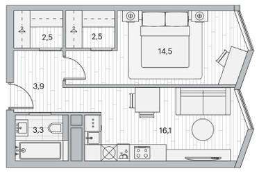 Планировка однокомнатной(квартира) площадью 43.4 квадратных метров в ЖК “ЖК Береговой-2. Жилой квартал на Москве-реке”