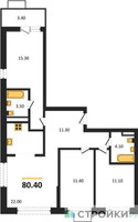 Планировка трехкомнатной(квартира) площадью 80.4 квадратных метров в “ЖК Дзен-кварталы”