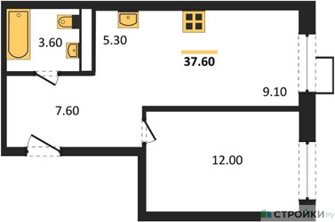 Планировка однокомнатной(квартира) площадью 37.6 квадратных метров в ЖК “ЖК ЭкоБунино (Южное Бунино)”