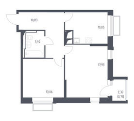 Планировка двухкомнатной(квартира) площадью 56.5 квадратных метров в ЖК “ЖК Долина Яузы”