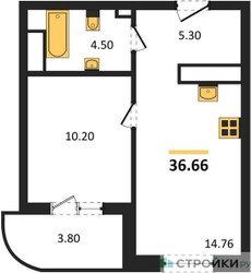 Планировка однокомнатной(квартира) площадью 36.66 квадратных метров в ЖК “Ласточкино”