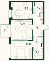 Планировка двухкомнатной(квартира) площадью 66.7 квадратных метров в “ЖК Клубный город на реке Primavera (Примавера)”