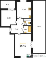 Планировка двухкомнатной(квартира) площадью 66.41 квадратных метров в “ЖК ВОСТОК II”