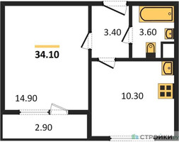 Планировка однокомнатной(квартира) площадью 34.1 квадратных метров в “ЖК ЮЖНАЯ БИТЦА”
