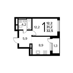 Планировка однокомнатной(квартира) площадью 32.5 квадратных метров в ЖК “Новые Ватутинки. Заречный”