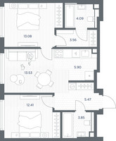 Планировка двухкомнатной(квартира) площадью 61.89 квадратных метров в “ЖК TATE (Тэйт)”