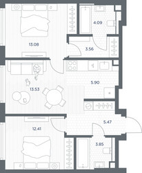 Планировка двухкомнатной(квартира) площадью 61.89 квадратных метров в ЖК “ЖК TATE (Тэйт)”