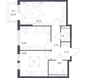 Планировка двухкомнатной(квартира) площадью 51.45 квадратных метров в ЖК “ЖК Пригород Лесное”